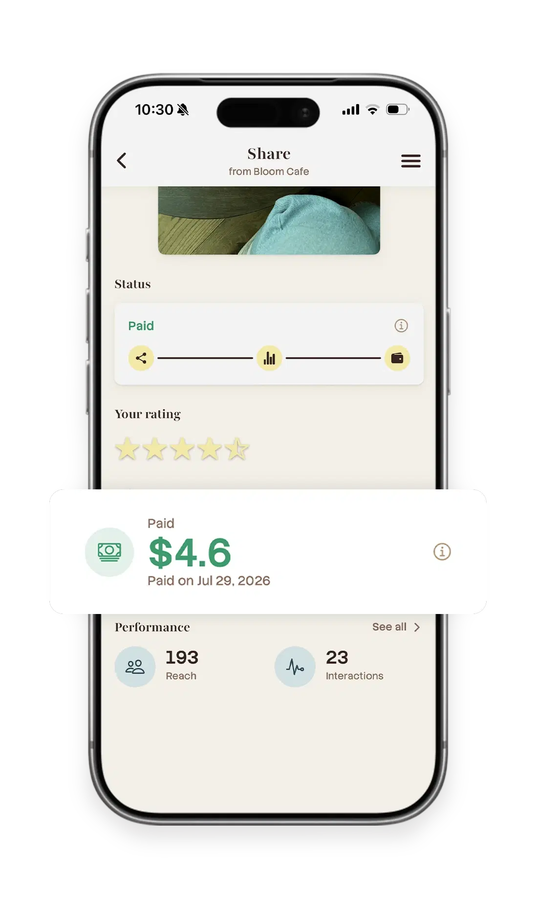 Share details in the Tagly Partner app showing a Paid status and the $4.6 paid for a customer's story