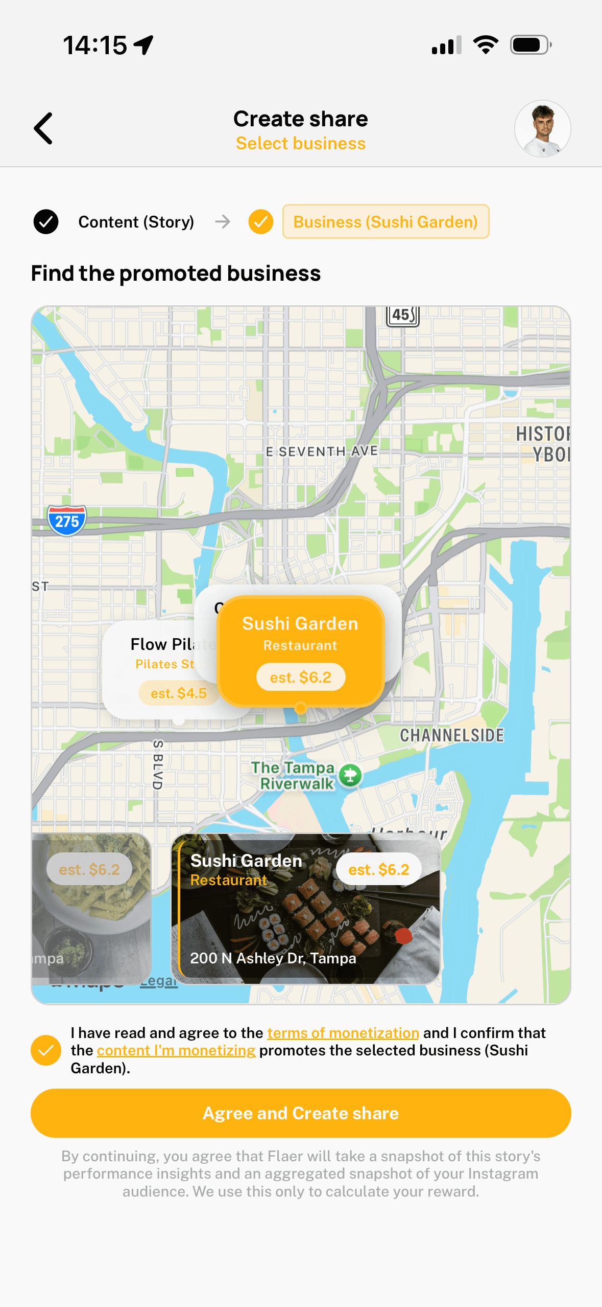 Flaer app Create Share screen showing Sushi Garden selected on a map of Tampa with an Agree and Create share button